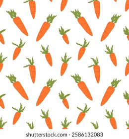 Seamless vector pattern with bright orange carrots. Simple and modern design with fresh green leaves. Ideal for fabric prints, gift wrapping, kitchen decor, packaging and stationery