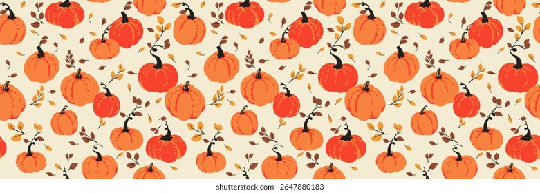 Seamless vector pattern with bright orange pumpkins and autumn leaves on a light background. Template for Halloween, Thanksgiving, fall decor, textile design, and seasonal packaging.