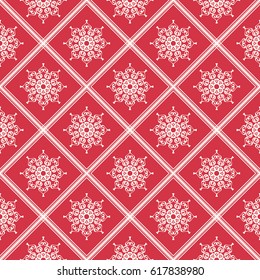 Seamless vector pattern with bright ornament on a red background with rhombuses