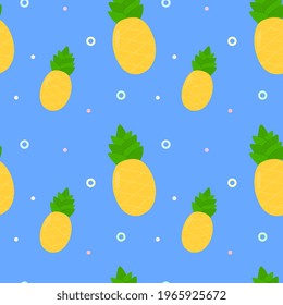 Seamless vector pattern with bright pineapple on a blue  background. Suitable for the design of textile fabric, wrapping paper, and wallpaper for websites. Vector illustration.