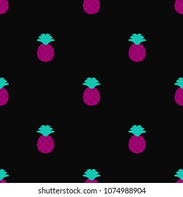 Seamless vector pattern with bright pink pineapples on black background, perfect for wrapping paper, invitations, etc.