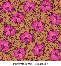 A seamless vector pattern with bright pink orchid flowers andswirly leaves on a orange background. Vibrant feminine surface print design. Great for textiles, stationery, cards and gift wrap.