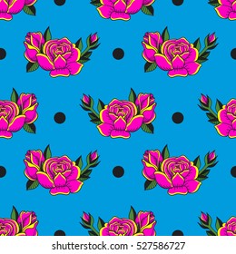 Seamless vector pattern. Bright, pink rose with a black stroke on a blue background.