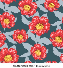 Seamless vector pattern with bright pomegranate blooming flowers and silhouettes of branches in graphic design illustration