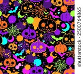 Seamless vector pattern with bright pumpkins and paint drops