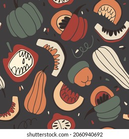 Seamless vector pattern with bright pumpkins on a dark background. For wallpaper, wrapping paper, textiles, postcards, web page backgrounds, interior decor, menus. Cartoon design.
 
