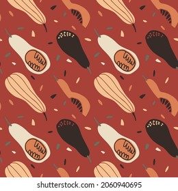 Seamless vector pattern with bright pumpkins on a burgundy  background. For wallpaper, wrapping paper, textiles, postcards, web page backgrounds, interior decor, menus. Cartoon design.
 
