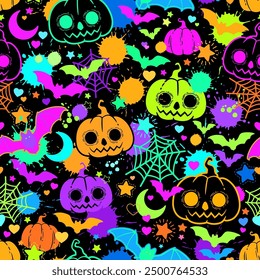 Seamless vector pattern with bright pumpkins and paint drops