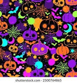 Seamless vector pattern with bright pumpkins and paint drops