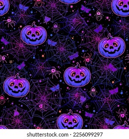 Seamless vector pattern of bright purple pumpkins and cobwebs