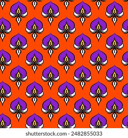 Seamless vector pattern with bright purple orchids on a contrasting orange background. Floral print for textiles, fabrics, packaging, paper and other surfaces.
