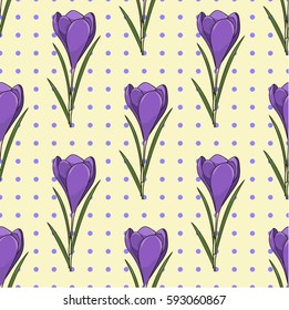 Seamless vector pattern. Bright purple crocus flowers pattern on the light yellow polka dots background.