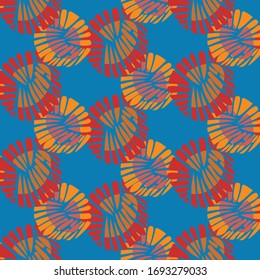 Seamless Vector Pattern Of Bright Red And Orange Floral/Fruity Shapes On Blue Background. Texture Background For Print, Home Decor, Fashion Textile, Wrapping, Wallpaper.