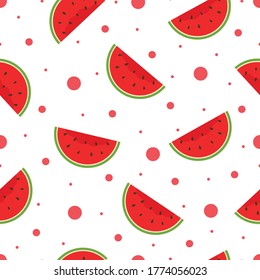 Seamless vector pattern Bright red watermelon on polka dot background Hand drawn in cartoon style Fruit pattern for textile fabric, wallpaper