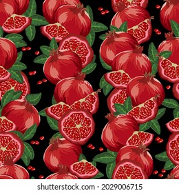 Seamless vector pattern, bright red seamless background with pomegranate, seeds tasty over black backdrop. Seamless vector fruits background, vector pattern back ground. Seamless pattern