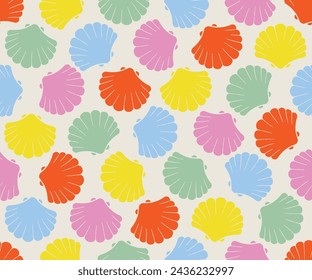 Seamless vector pattern. Bright red, yellow and blue seashells on off white. Background, textile