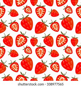 Seamless vector pattern,  bright red chaotic seamless background with strawberry, whole and half over white backdrop. Seamless vector fruits background, vector pattern back ground. Seamless pattern