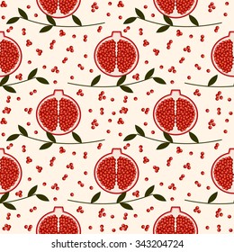 Seamless vector pattern,  bright red  seamless background with pomegranate, berry whole and half over pink backdrop. Seamless vector fruits background, vector pattern back ground. Seamless pattern