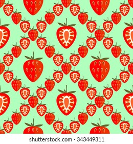 Seamless vector pattern,  bright red  seamless background with strawberry, berry whole and half over green backdrop. Seamless vector fruits background, vector pattern back ground. Seamless pattern