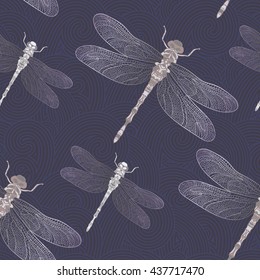 Seamless vector pattern with bright shiny dragonfly on a dark blue background. Can be used for wallpaper, pattern fills, web page background, surface textures. Vector tribal design.