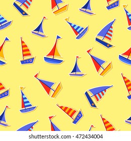 Seamless vector pattern with bright ships on a yellow background. Cute child illustration. Sea transport. Cartoon summer pattern. Travelling by sea