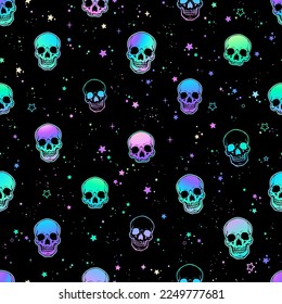 Seamless vector pattern with bright skulls on a black background