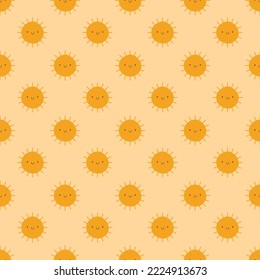 Seamless vector pattern of bright smiling sun on yellow background. Doodle style, vintage. For example the pattern for baby clothes or wrapping paper.
