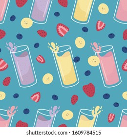 Seamless vector pattern with bright smoothies and bananas, strawberries, and blueberries on a turquoise blue background. Fun food illustration great for digital scrapbooking, packaging, gifts.