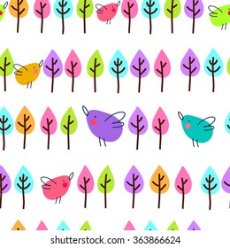 seamless vector pattern with bright stylized leaves and bird colibri in the style of children's drawings