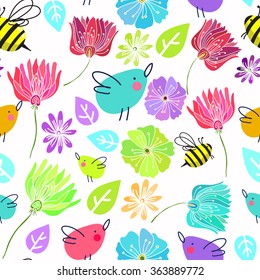 seamless vector pattern with bright stylized leaves and beauty flowers and bird hummingbird in the style of children's drawings