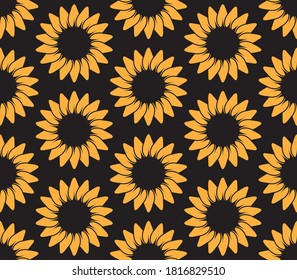 Seamless vector pattern with bright sunflowers on black background. Orange petals in circular motion. Vibrant sunny colours, high contrast. Seasonal design, perfect for wallpaper and textile.