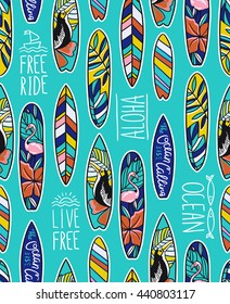 Seamless vector pattern with bright surfboards and stylish phrases on the blue background.