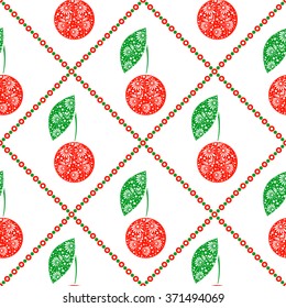 Seamless vector pattern,  bright symmetrical fruits background with decorative ornamental cherry, on the white backdrop. Series of Fruits and Vegetables Seamless Patterns.