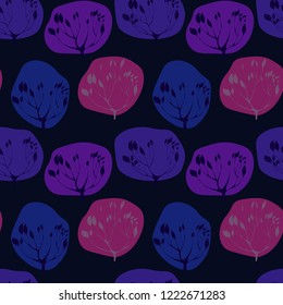 Seamless vector pattern with bright trees in blue colors on a dark background.