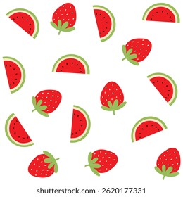 Seamless vector pattern with bright watermelon slices and strawberries in matching colors. Perfect for summer packaging, fabric, kids' designs, stationery, branding, and digital projects.