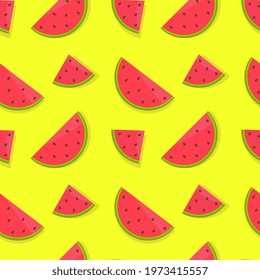 Seamless vector pattern with bright watermelons on a blue background  Suitable for the design of textile fabric, wrapping paper, and wallpaper for websites. Vector illustration.
