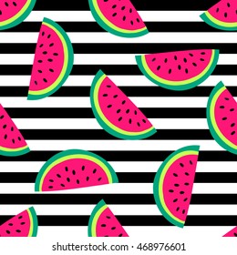 Seamless vector pattern with bright watermelons on background with stripes. Good for textile fabric design, wrapping paper and website wallpapers. Vector illustration.