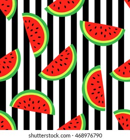 Seamless vector pattern with bright watermelons on background with stripes. Good for textile fabric design, wrapping paper and website wallpapers. Vector illustration.