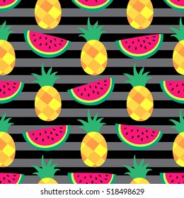 Seamless vector pattern with bright watermelons and pineapples on background with stripes. Good for textile fabric design, wrapping paper and website wallpapers. Vector illustration.