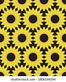 Seamless vector pattern with bright yellow and orange sunflowers tiled on black background