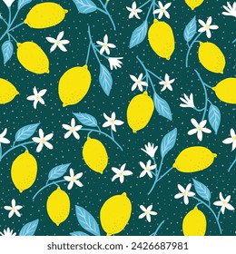 Seamless vector pattern with bright yellow lemons and white flowers on dark teal, textile wrapping