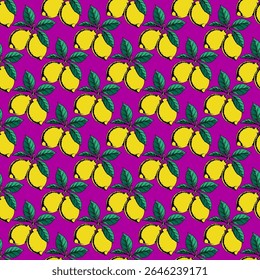 Padrão de vetor sem emenda com limões amarelos brilhantes em um fundo roxo contrastante. Impressão de fruto desenhada à mão. Design vintage com citrinos para impressão em têxteis, tecidos, papéis de parede, papel