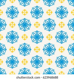 Seamless vector pattern with bright yellow and blue ornament