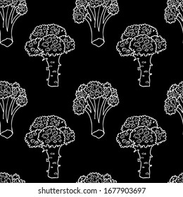 Seamless vector pattern of broccoli cabbage . White outline drawing of broccoli on a black background.For the design and decoration of fabric, paper, Wallpaper and packaging.