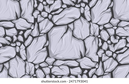 Seamless vector pattern with broken white stones on dark grey background. Nature texture with smashed marble rocks with cracks for wallpaper and wrapping paper.