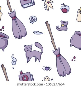 Seamless vector pattern with broom, bowler, cat, skull, poisoned apple, magic book.