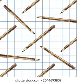 Seamless vector pattern of brown ballpoint pens on a grid notebook background. Hand drawn school supplies illustration for kids stationery, paper goods and educational themed design.