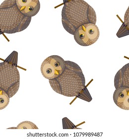 Seamless vector pattern with brown beige sepia owls. Repetitive background with vector birds brown beige sepia colors. Cute funny barred owls brown color in the repetitive seamless vector pattern.