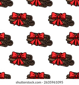 Seamless vector pattern of brown cinnamon sticks tied with red bows, a festive Christmas design perfect for wrapping paper, cards, or winter-themed projects.