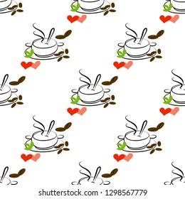 Seamless vector pattern with brown coffee grains with a cup, red hearts, green leaves, artistic, on a white background. Appetizing illustration. Beautiful tile, wrapper, cover, textile, postcard, 